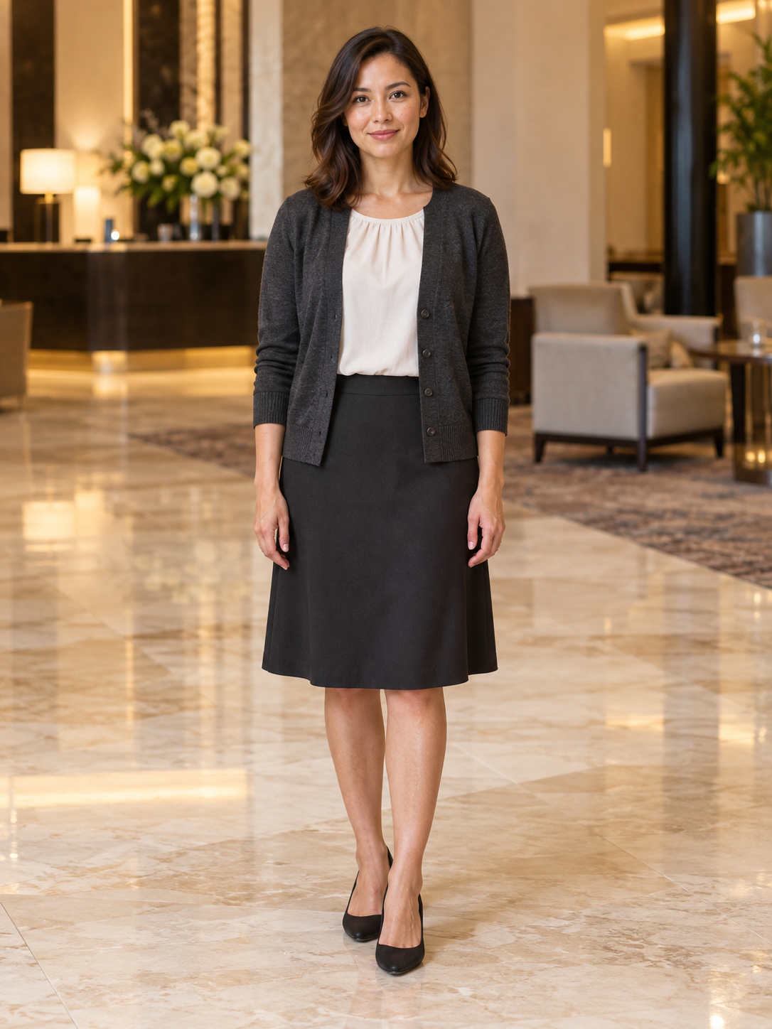 Same woman transformed from a casual hotel guest into a gala attendee, original scene