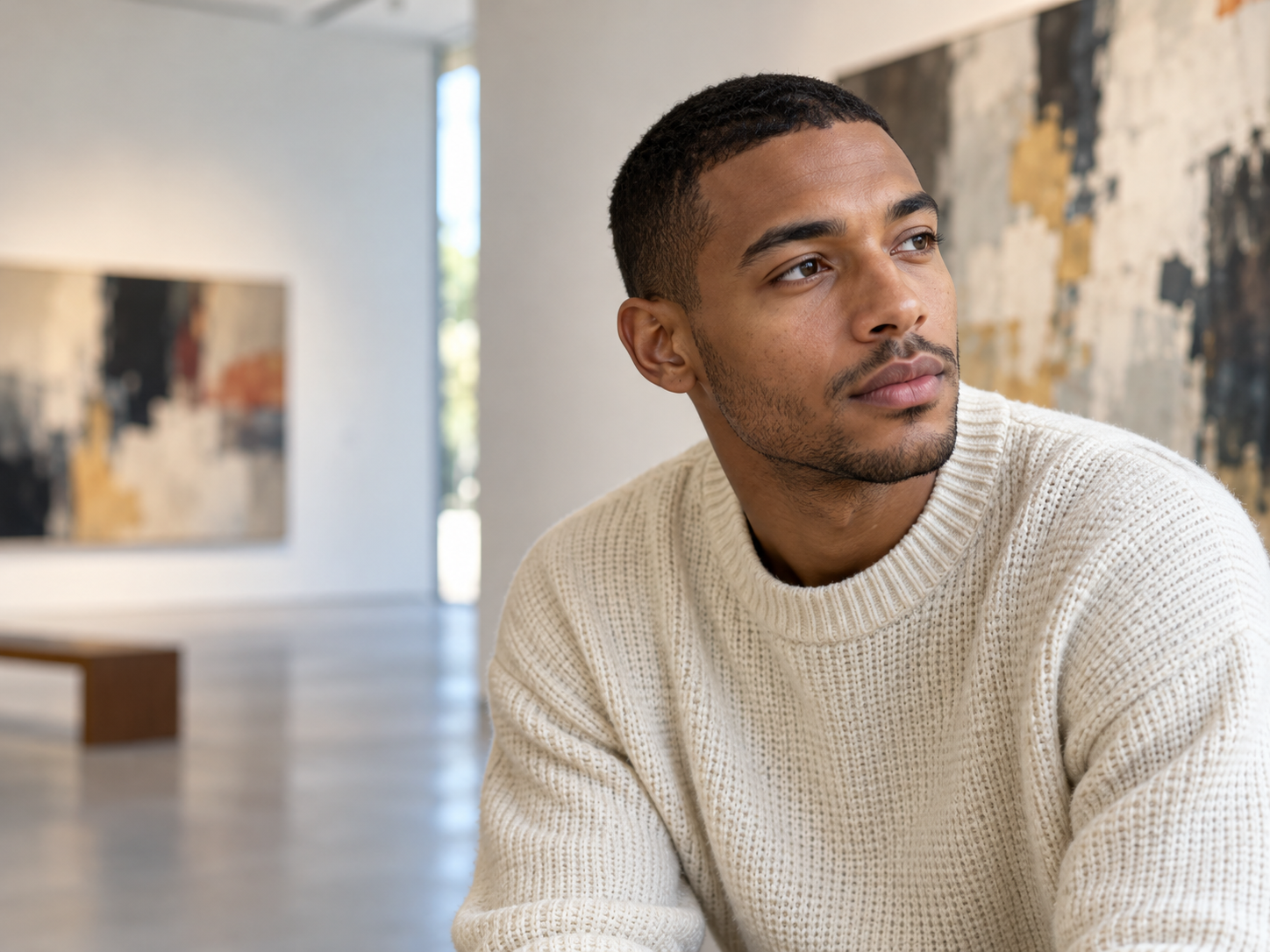 Portrait of a man in a cream sweater in a modern art gallery