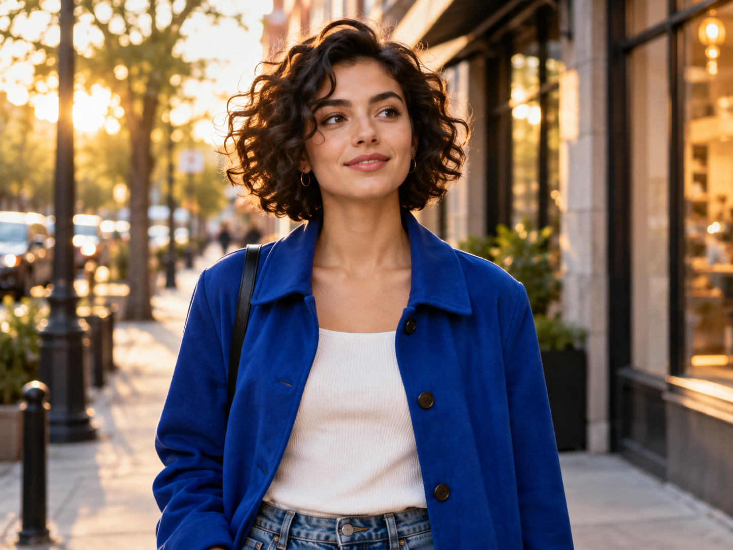 Woman in a cobalt jacket, editorial street portrait