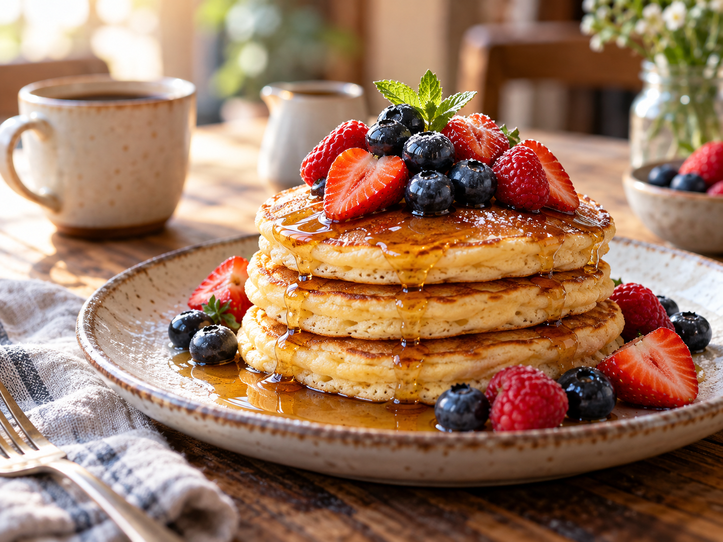 Golden pancakes with berries and maple syrup in a sunlit cafe